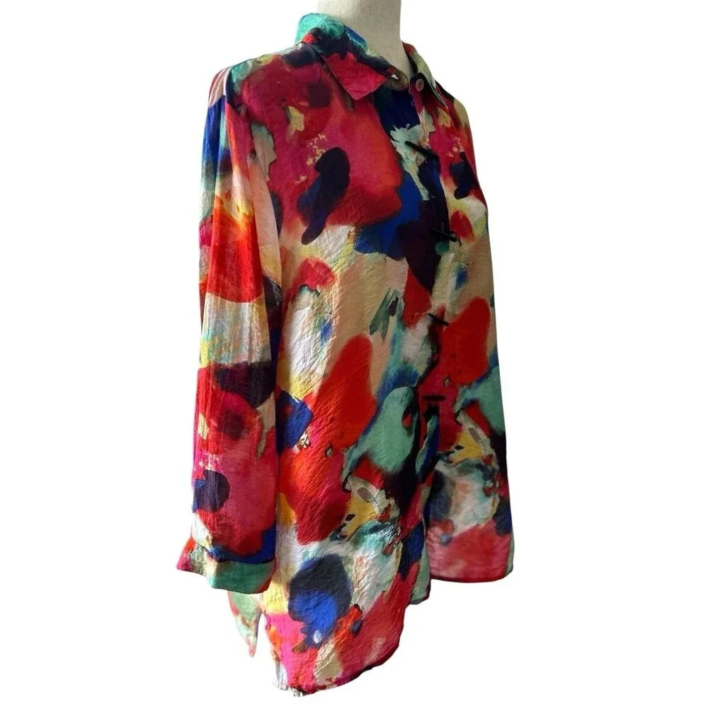Ali Miles Top Multicolor Tunic Abstract Toggle Button Size 2X Lagenlook Artsy - Picture 4 of 9